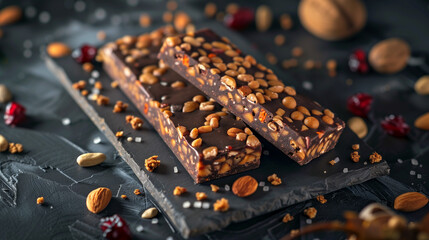 Two delicious chocolate nut bars topped with almonds and peanuts on a dark slate surface, surrounded by scattered nuts and dried cranberries