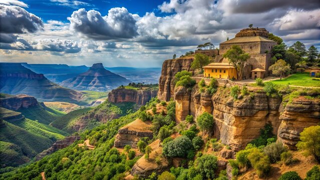 Scenic landscape of Debre Libanos, a historic Ethiopian Orthodox monastery surrounded by lush green forest and rugged cliffs in the Oromia Region.