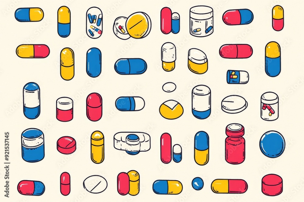 Wall mural Array of Colorful Medication Pills in a Clean Organized Layout Suitable for Health Presentations