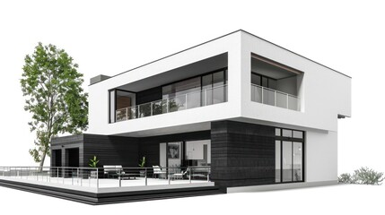 Modern House Design with a Spacious Balcony and a Large Tree in the Foreground