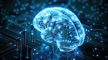 Futuristic glowing brain illustration on a circuit board, representing artificial intelligence, technology, and innovation.