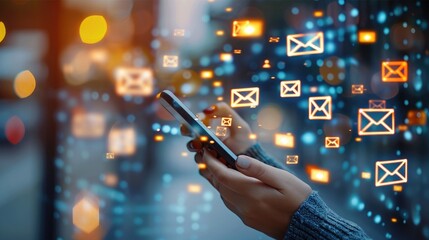 Person using smartphone with digital email icons. Concept of communication, technology, and connectivity in a modern world.