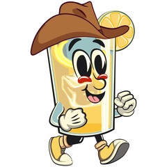 lemon ice cartoon character retro vector design wearing a cowboy hat walking calmly, work of hand drawn