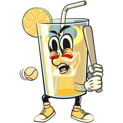 lemon ice cartoon character retro vector design playing baseball ready to hit the ball with the bat, work of hand drawn
