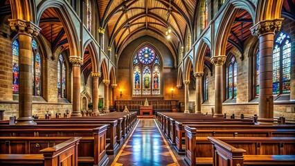 Historic Gothic-style church interior with ornate wooden pews, stone columns, and stunning stained-glass windows, evoking a sense of spiritual contemplation and solemnity.