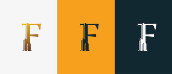 Logo Letter F and Skyscraper Building with Gold luxury color. Logo real estate, architecture, building, apartment. Editable file