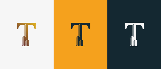Logo Letter T and Skyscraper Building with Gold luxury color. Logo real estate, architecture, building, apartment. Editable file