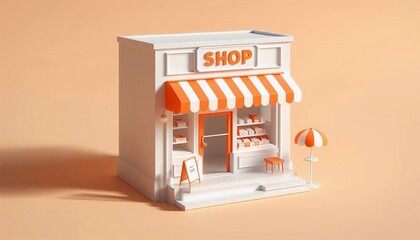 3d building shop with realistic  style, white and orange color palette. building and architecture.