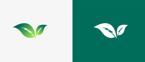 Logo minimalist renewable leaf energy with thunder flash negative space, recycle, power, leaf, nature, growth. Editable file