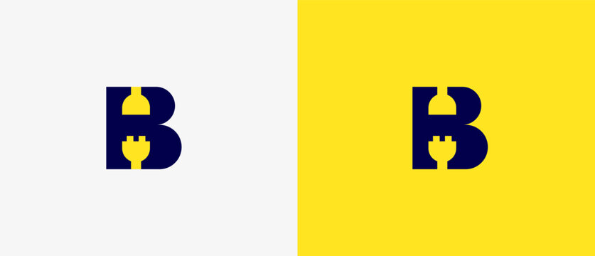 Logo Minimalist letter B and electrical connect in negative space,  electricity, energy, thunder, volt icon simple. Editable file