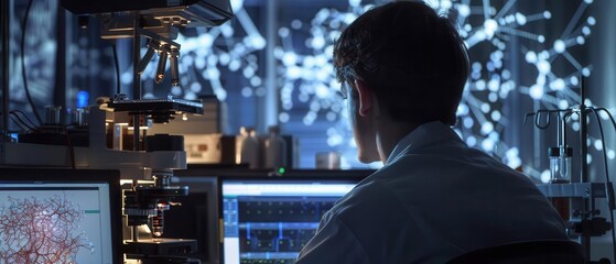 Scientist working in a modern laboratory, analyzing data on multiple screens with digital and molecular analysis in the background.