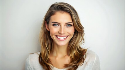 Naklejka premium Smiling female with bright eyes and radiant complexion stands against a clean white background, exuding confidence and joy, with a warm and inviting atmosphere.