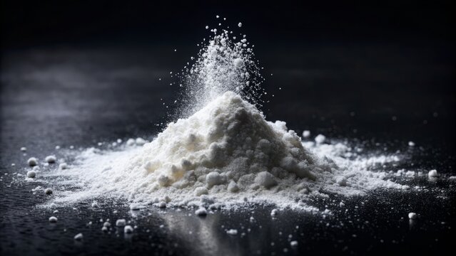 Soft, delicate white powder scattered on a pristine black background, dramatically lit to accentuate texture and subtle shadows, creating a sense of serenity.