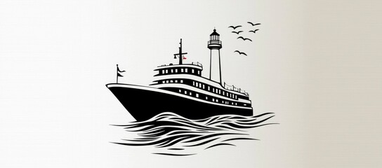 Silhouette of a Cruise Ship with Lighthouse and Birds