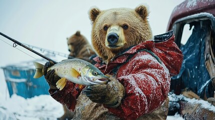 Naklejka premium A bear fisherman proudly holding a fishing rod with a freshly caught fish