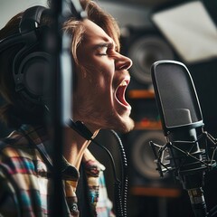 An expressive male singer recording vocals in a professional music studio with high-quality...