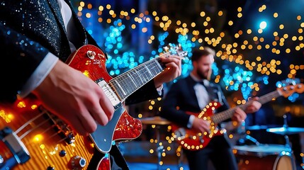 Obraz premium Close-up of musicians performing live at a dinner party, adding to the enjoyment and entertainment.