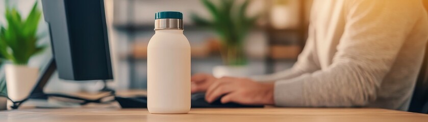 white stainless steel water bottle on a desk with a person typing on a computer in the background - reusable water bottle concept for office workers, professionals, and business people.