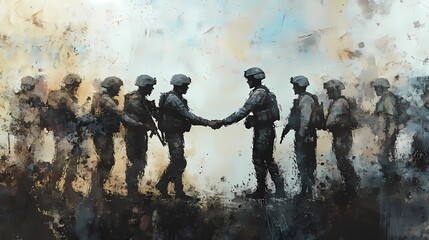 two groups of military soldiers in a war zone handshaking, depicting negotiation, dialogue, or reconciliation efforts in conflict zones.