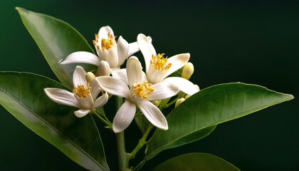 Obraz premium Orange tree flowers bunch closeup isolated on Green. Neroli blossom. White citrus tree bloom