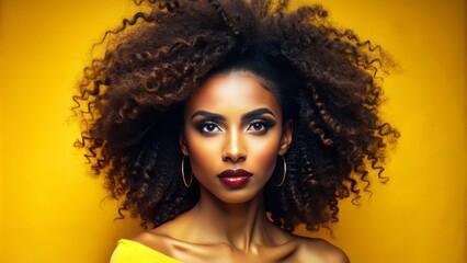 Fototapeta premium Stunning African American woman with luscious, curly black hair and piercing brown eyes, posing confidently against a vibrant yellow background in a sleek outfit.