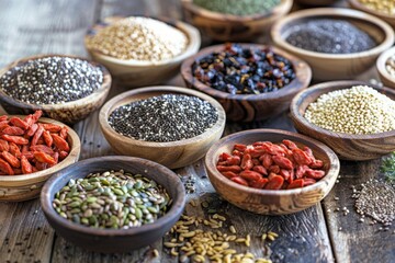 Fototapeta premium Assortment of superfoods in wooden bowls, including seeds and goji berries