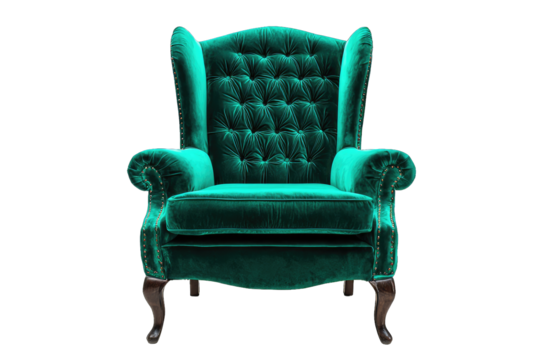 Elegant green velvet armchair with tufted design and wooden legs, perfect for adding a touch of luxury to any interior space.