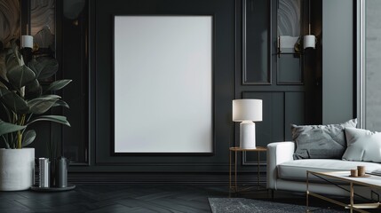 Fototapeta premium Ultra-clear image of a frame mockup in a contemporary dark home, highlighting sleek and stylish furnishings. With copy space for text