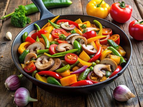 Colorful array of fresh vegetables, including bell peppers, onions, and mushrooms, sizzling in a hot skillet on a stovetop, emitting savory aromas.