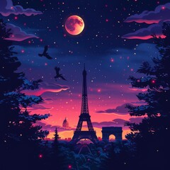 Mystical Night Sky Over Paris with the Eiffel Tower Illuminated by a Magical Moon and Stars in a Vibrant, Dreamy Setting