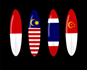 Flat vector illustration of surfing board with Asian flag 