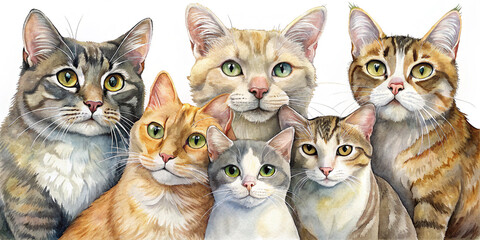 A playful, colorful illustration of nine diverse cartoon cats with big eyes, each with a unique color and personality, posing together