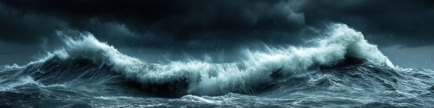 Massive ocean waves during a powerful storm under a dark cloudy sky, showcasing the raw and intense power of nature and the sea