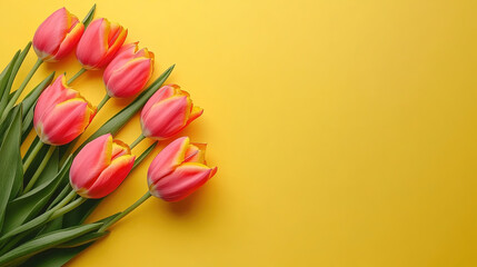 Happy Mother's Day. Women's Day. Happy Wedding. Greeting Card. Yellow background with a tulip border on the right side. Bouquet of tulips on yellow background. Copy space area for text