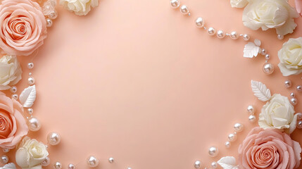 Happy Mother's Day. Women's Day. Happy Wedding. Greeting Card. Beautiful roses and pearls border on a pink background. Floral frame for wedding invitation card. Party banner. Copy space area for text 