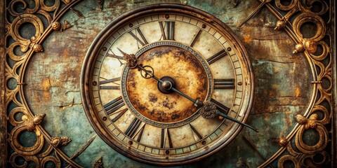 Fototapeta premium A worn, antique-inspired clock face with Roman numerals, ornate details, and a subtle patina, symbolizing the passage of time and nostalgia for bygone eras.