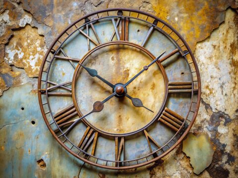 A worn, vintage metal clock face with intricate Roman numerals and rusty hands, mounted on a distressed, peeling wall, indicating the passage of time.