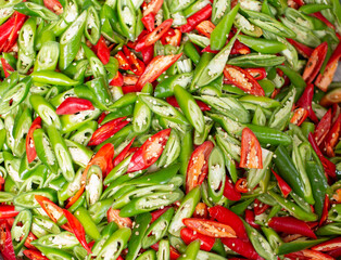Chilies cut into pieces, both red and green, beautiful colors
