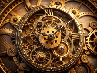 Obraz premium Antique brass clockwork mechanism with intricate gears, cogs, and escapement, surrounded by Roman numerals, evoking a sense of nostalgia and precision timekeeping.