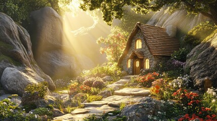 fantasy house nestled between large rocks and a beautiful garden