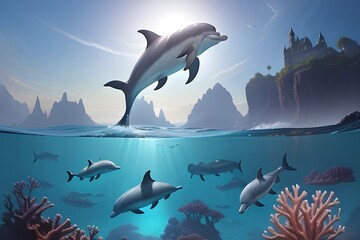 dolphin jumping out of water and in the sea illustration