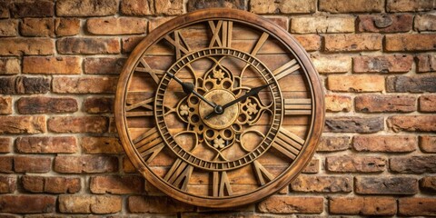 Obraz premium A rustic wooden wall clock with Roman numerals and intricate carvings hangs against a distressed brick background, evoking a sense of vintage industrial charm.