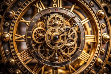 Obraz premium Intricately designed brass timekeeping device with Roman numerals and ornate gears rotates against a dark background, showcasing the intricate mechanism of time measurement.