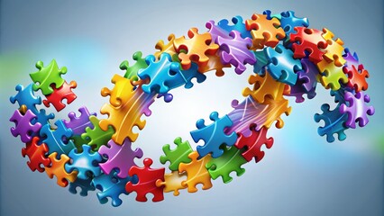 Vibrant colorful connected puzzle pieces swirling in harmonious motion, symbolizing unity, collaboration, and innovation in a modern abstract business team concept.
