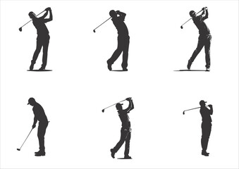 people playing golf in various poses isolated vector silhouette on white background