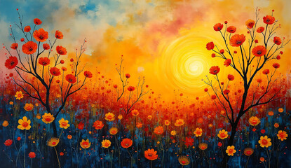 Vibrant red poppies dance in golden sunset, painting a breathtaking canvas across endless green meadowVibrant red poppies dance in golden sunset, painting a breathtaking canvas across endless green me