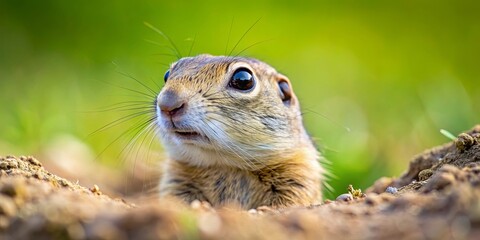 A close-up photo of a European ground squirrel, also known as a Gopher, peeking out of its burrow
