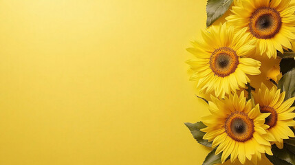 Bright yellow background with sunflowers on the right side. Sunflowers with yellow background. Greeting Card. Flowers background. Floral frame border. Copy space area for text.