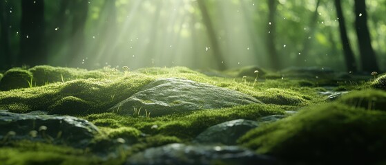 Mossy stone with hazy sunlight filtering through trees, warm tones, Top Natural Surface, Nature Serenity