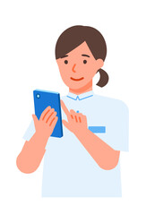 Working Woman. Concept for Problem Solving. Woman cartoon character. People face profiles avatars and icons. Close up image of smartphone Woman.